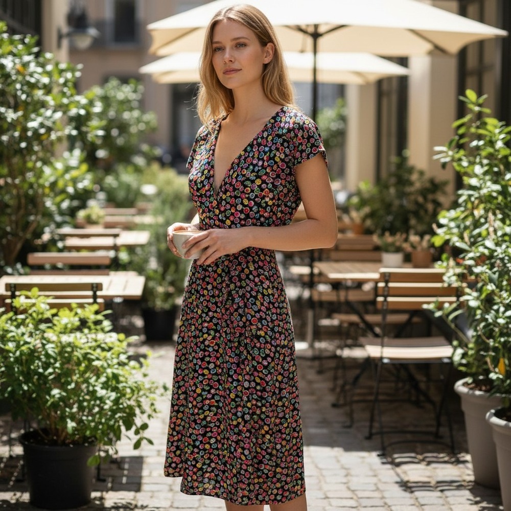 Vtg Dorothee Bis 12 Made in France Floral Dot V-Neck Midi Dress Maximalist Art